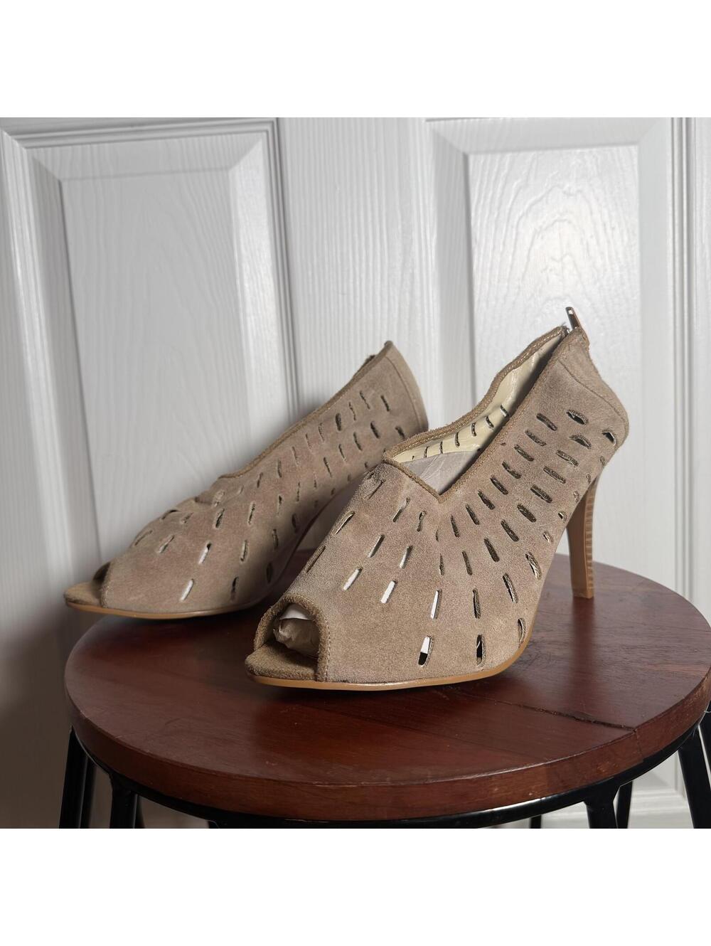 Taupe Brown Tan Genuine Suede Peep Toe Stiletto Summer Heels Perforated Zip Up